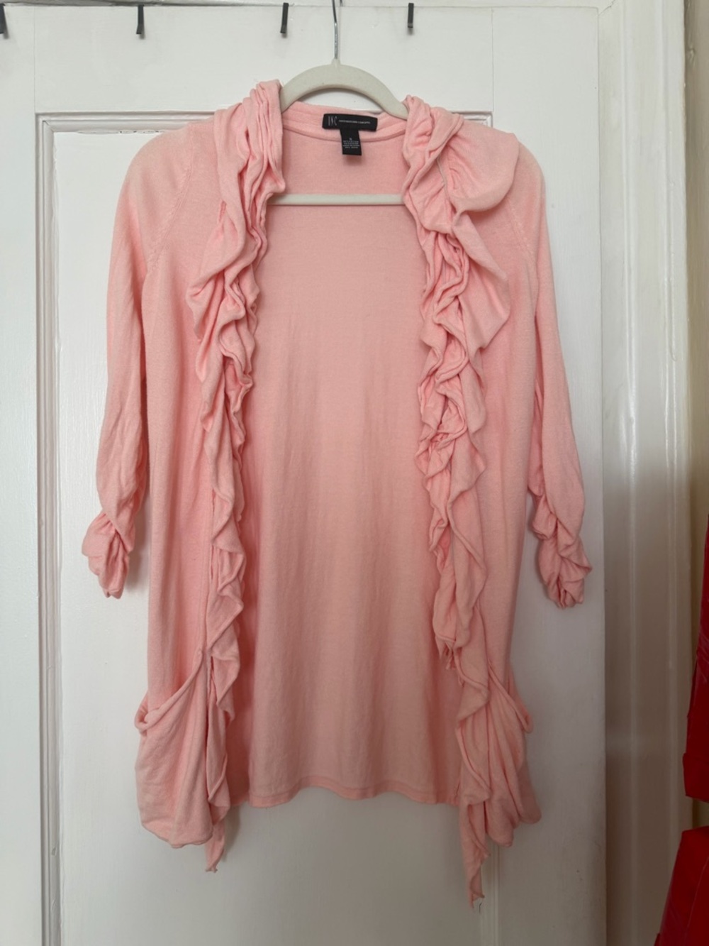 INC International Concepts Light Pink Ruffled Open-Front Cardigan